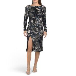 DRESS THE POPULATION Navy Multi Natalie Long Sleeve Sequin Dress